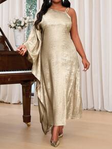 SHEIN Lady 春夏休闲优雅波西米亚风编织露肩编织飘逸斗篷袖蝙蝠袖露背不对称长款束腰连衣裙金属面料烫金面料大码连衣裙度假装女士海滩装女士度假装女士海滩度假装海滩婚礼宾客连衣裙女士春季装