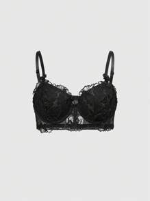 ROMWE Black Gothic Rose Bride Underwire Lace Embroidered Bralette & G-String Lingerie Set - Black - View 7