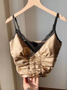 Comfortcana 女士性感蕾丝边褶饰吊带背心 - 香檳色 - 查看 4