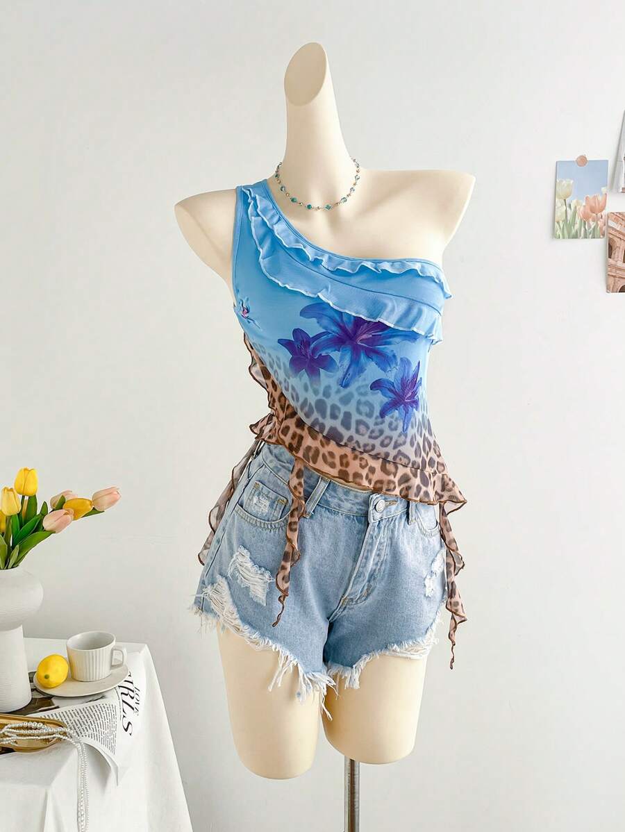 Soleia Damen Hippie-Stil modische hellblaue Farbverlauf Leoparden-Muster Mesh-Panel Volant-Saum figurbetontes Trägertop, Sommer