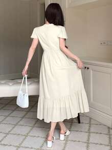 xheDAZY Vestido elegante y minimalista de unicolor con mangas abullonadas, vestido de cóctel de verano, vestido casual para mujerxhe - Beis - Ver 3
