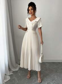 Elenzga 女士优雅通勤短袖领口荷叶边下摆口袋装饰纯色连衣裙