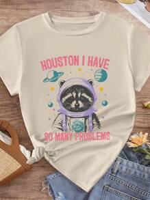 Flirla Raccoon T-Shirt - Funny Vintage Raccoon Tee - Raccoon Astronaut T-Shirt - Retro Pattern Shirt - Raccoon Print T-Shirt For Women Graphic Tees Women Tops - Khaki - View 7