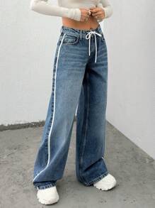 EURMUSE LOW WAIST STRIPE DETAILED WIDE LEG JEAN - Medium Wash - View 5