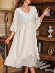 女士V领七分袖两用荷叶边睡裙娃娃衫，适合假日、秋冬季穿着。 - 杏色 - 查看 3