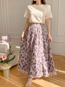 DAZY 2pcs/Set Women Floral Full Print Short Sleeve Top And Pleated Skirt