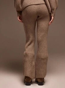 MUSERA High Rise Rib Knit Button Waistband Detail Flared Jogger Only Spring Summer Cute Airport - Coffee Brown - View 3