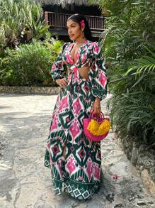 SHEIN SXY Vestido mini de mangas de linterna sexy con estampado geométrico hueco para mujer durante las vacaciones - Multicolor - Ver 6