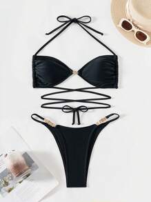 SHEIN Swim Springbreak 性感金属装饰抽绳系带前上衣和高腰短裤两件套泳衣套装，夏季