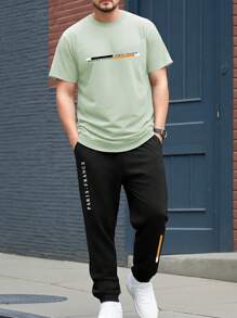 Manfinity Homme Plus Size Men's Letter Print Round Neck Short Sleeve T-Shirt And Casual Pants Set - Mint Green - View 1