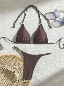 SHEIN Swim Springbreak Women 2 Pieces Swimwear Sets For Summer Beach Vacation - Coffee Brown - View 1