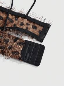 ROMWE Grunge Punk 3 件朋克性感内衣套装：流苏豹纹露背短款上衣、丁字裤和迷你裙