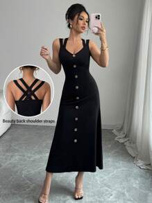 Elenzga Bohemian Style Backless Criss-Cross Strap Mid-Length Sundress - Black - View 1