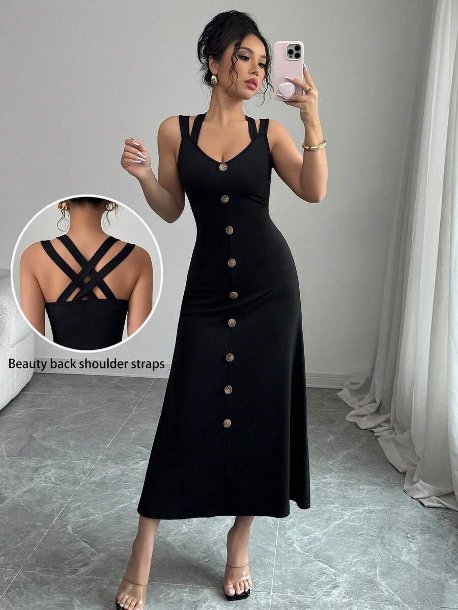 Elenzga Bohemian Style Backless Criss-Cross Strap Mid-Length Sundress - Black - View 1