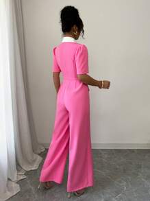 Elenzga Women Elegant Fashion Holiday Romantic Short Sleeve Turndown Collar Contrast Trim Half-Placket Cinched Waist Solid Jumpsuit - Pink - View 2