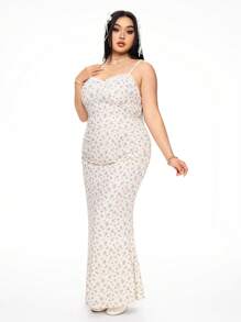 ROMWE Kawaii Váy đuôi cá lãng mạn họa tiết hoa nhỏ xinh dành cho nữ cỡ lớn - Màu be - Xem 5