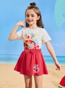 CoComelon X SHEIN 年轻女孩彩虹图案 T 恤和可爱裙子套装 - 彩色 - 查看 5