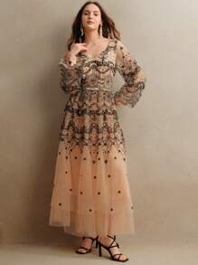 Anewsta Women's Embroidered Water-Soluble Lace Long Sleeve Party Dress, Spring Outfits For Women - Apricot - View 7