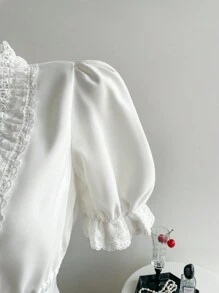 Elamini Solid Color Simple Fashion Casual Daily V-Neck Lace Blouse - White - View 3