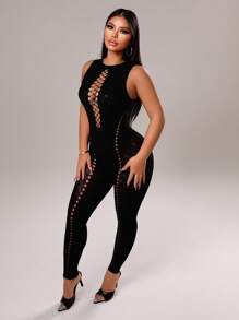 Zolique Women Solid Color Round Neck Sexy Hollow Net Tight Jumpsuit - Black - View 5
