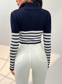 EURMUSE Women Stripe Pattern Anchor Embroidery Zipper Cardigan - Multicolor - View 2