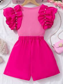 2pcs/Set Tween Girls Ribbed Pearl Ruffle Trim Camisole Top And Solid Bow Skirt Shorts Set, Summer Casual Set Outfit For Girls Summer Holiday