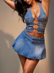 Denimoi Buckle Front Plunge Neck Denim Halter Top - Medium Wash - View 1