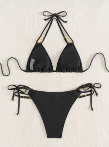 Glamine Springbreak Women's Black Halter Backless Sexy 2 Pieces Bikini Set Summer Vacation Beach Festival Boho Swimwear
