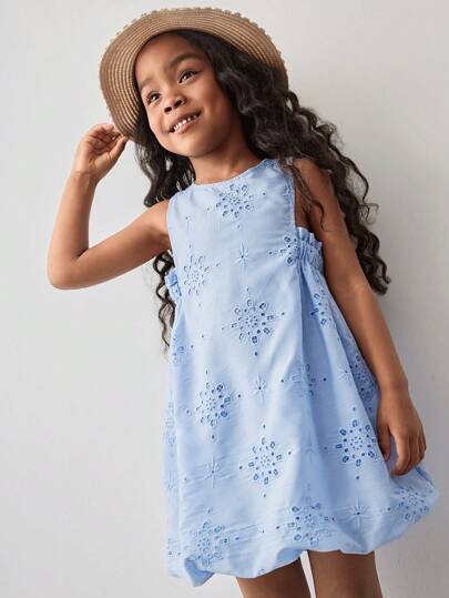 Maija Kids Maija Kids Young Girl Simple Casual Fashion Sleeveless Cinched Waist Hollow Embroidered Mini Dress For Outing, Home, Vacation, Everyday Wear, Spring/Summer Holiday Outfits
