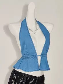 SHEIN ICON Women's Halter Backless Tie-Up Denim Blouse - Light Wash - View 3