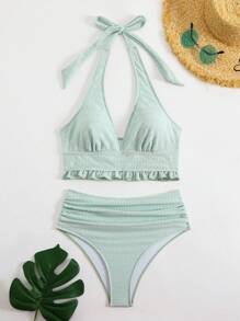 SHEIN Swim 2 piezas Conjunto de bikini de primavera para mujer, traje de baño con volantes, estilizador y favorecedor para resort de primavera - verde menta - Ver 1