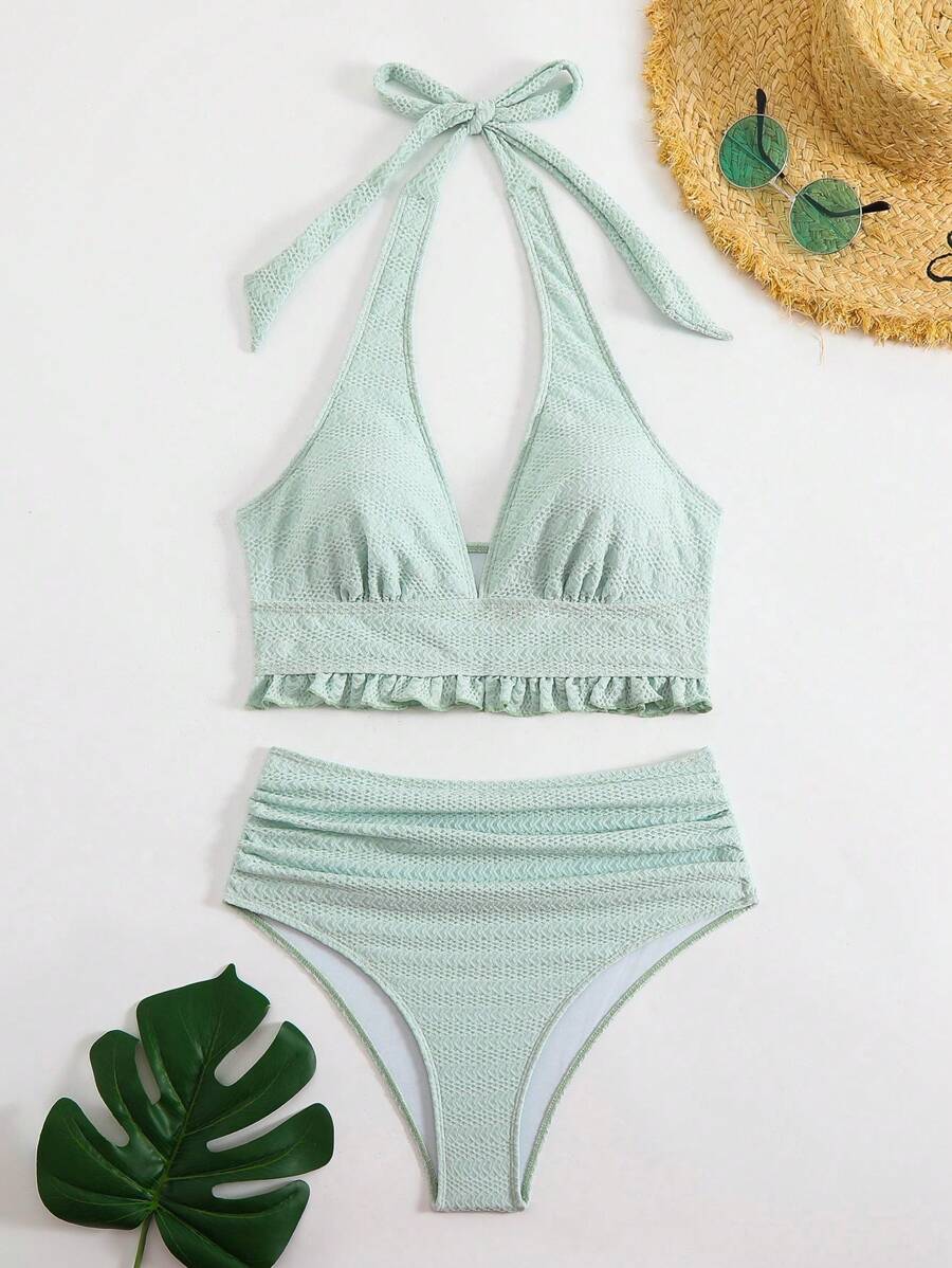 SHEIN Swim 2 piezas Conjunto de bikini de primavera para mujer, traje de baño con volantes, estilizador y favorecedor para resort de primavera - verde menta - Ver 1
