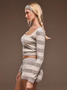 MUSERA 蓬松针织条纹直领短款修身长袖上衣，春夏可爱休闲Y2K 90年代早午餐条纹时尚款 - 彩色 - 查看 2