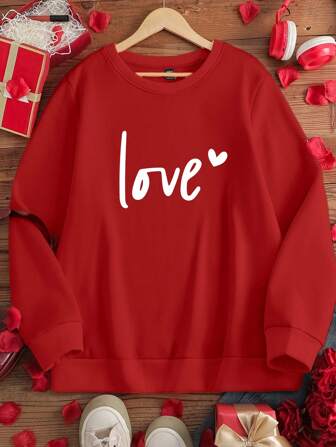 SHEIN CURVE+ 大码女式爱心图案印花圆领卫衣，新年套头衫，秋季卫衣