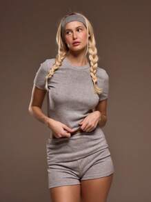 MUSERA Ribbed Crew Neck Short Sleeve Fitted T-Shirt Only Spring Summer Cute Fall - Grey - View 1