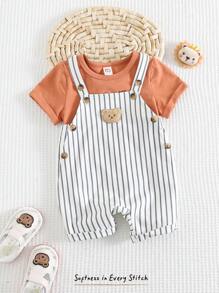 Cozy Pixies Set de 2 piezas para bebé niño: Top de manga corta de cuello redondo suave con estampado de oso de dibujos animados y peto corto tipo tirantes