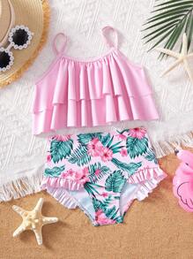 SHEIN Leap Crew 年轻女孩两件套荷叶边领针织泳衣套装（比基尼上衣和泳裤）