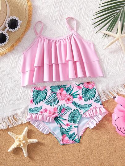 SHEIN Leap Crew 年轻女孩两件套荷叶边领针织泳衣套装（比基尼上衣和泳裤）