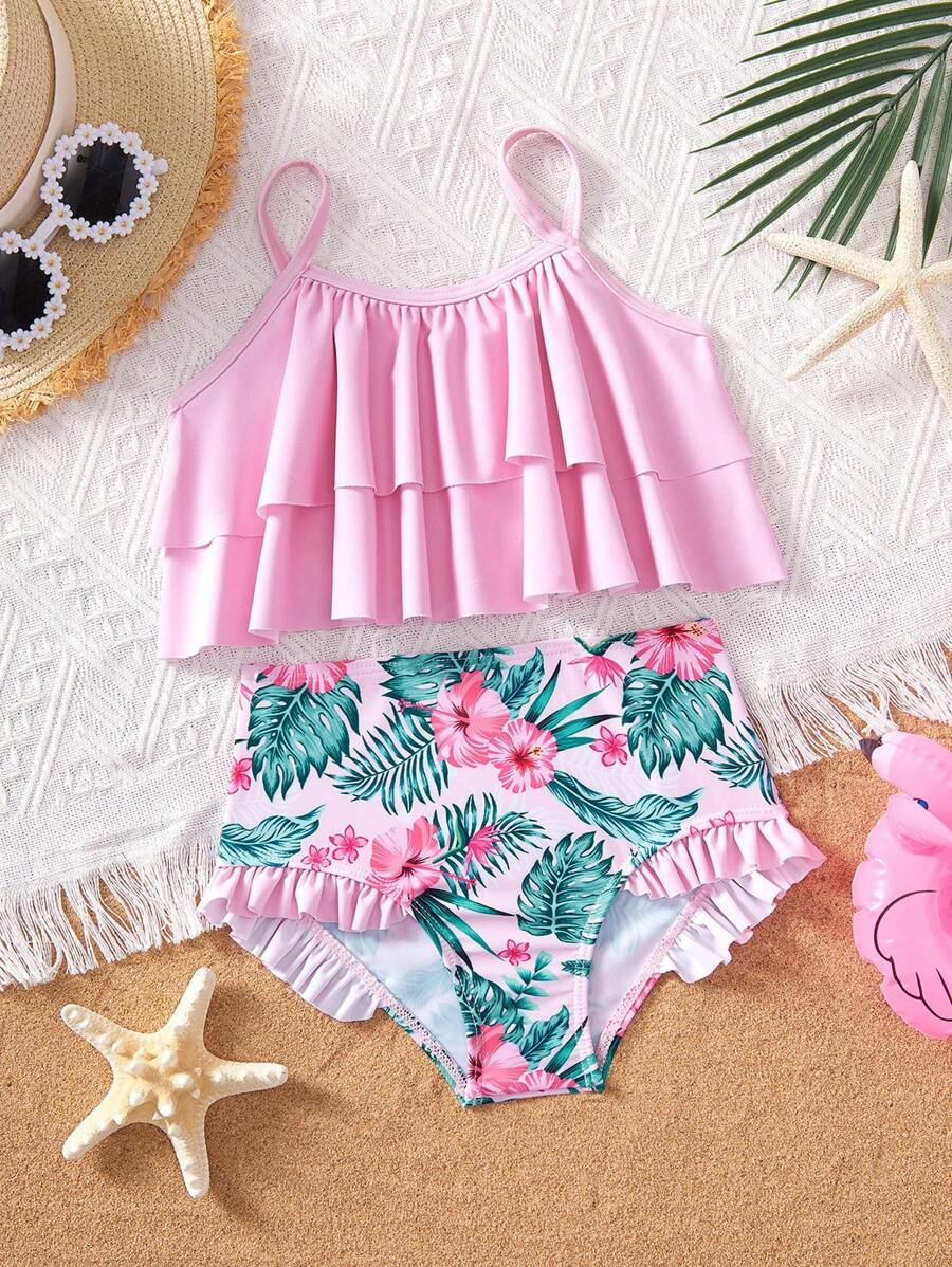 SHEIN Leap Crew 年轻女孩两件套荷叶边领针织泳衣套装（比基尼上衣和泳裤）