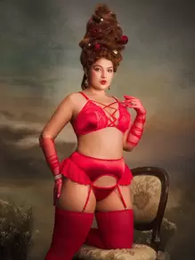 5 件套复古优雅宫廷风格性感花卉蕾丝和缎面荷叶边大码开裆内衣套装，红色 - 紅色 - 查看 1