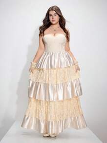 SHEIN MOD Váy ren thêu ren hở ngực cỡ lớn - Màu be - Xem 5