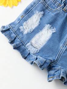 Young Girl New Fashionable Ruffle Trim Distressed Washed Blue Denim Shorts, Casual - Medium Wash - View 6