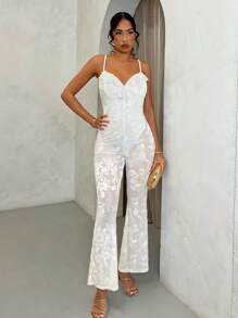 SHEIN BAE 女士时尚优雅透明 V 领连体裤，带荷叶边饰边，适合度假、派对、浪漫约会、与朋友聚会、度假活动、鸡尾酒会、早春 - 白色 - 查看 4