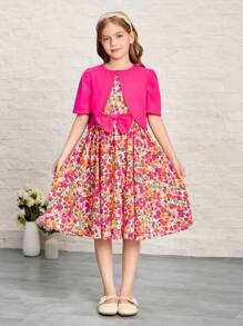 SHEIN Leap Crew 2pcs/Set Tween Girl Solid Knit Jacket & Ditsy Floral Round Neck Dress - Pink - View 3