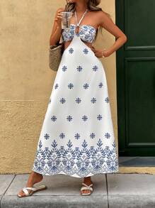 Breezaya Vestido de flores pequeñas estampado digital con escote halter y cintura anudada, estilo bohemio, casual, para vacaciones y viaje en primavera y verano para mujer - Blanco - Ver 5