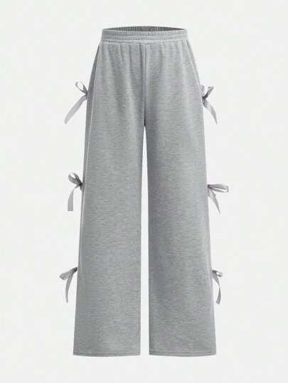 SHEIN Tween Girls Loose Casual Minimalist Comfortable Mid-Waist Wide Leg Gray Bowknot Pants
