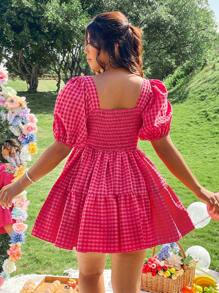 Celure Retro Plaid Puff Sleeve Elastic Waist Midi Dress, Spring/Summer