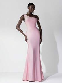 SHEIN Belle 不对称领口美人鱼下摆优雅粉色伴娘礼服 - 粉色 - 查看 5