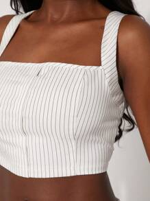 SHEIN Unity 春季方领细条纹节日无袖上衣夏季商务休闲办公室西服婚礼宾客特殊场合新娘晚宴舞会服装女士 - 白色 - 查看 7