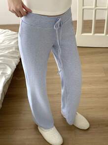 SHEIN EZwear 女士保暖内衬舒适居家长裤，蓝色，适合秋冬季 - 淺藍色 - 查看 4